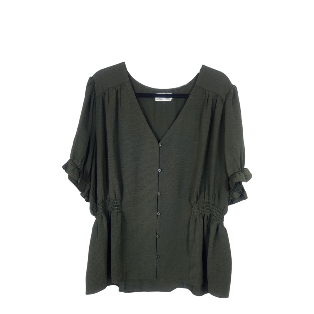 Everleigh 2X Moss Dark Green Button Front Blouse Puff Smockd Peplum Fall